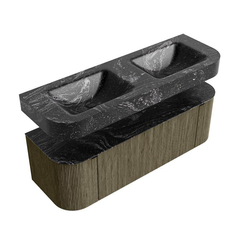 MONDIAZ THOR-DLUX 140cm meuble de salle de bains arrondi gauche + droite couleur Shadow avec 1 tiroir et 2 portes. Vasque suspendue CLOUD Double 2 trous de robinet couleur Lava. SW1464141