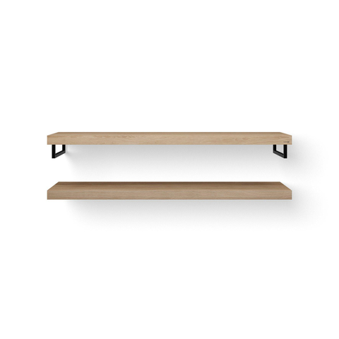 Looox Wood collection Duo wandplanken 160x46cm - 2 stuks - Met handdoekhouders zwart mat - massief eiken Old grey SW73138