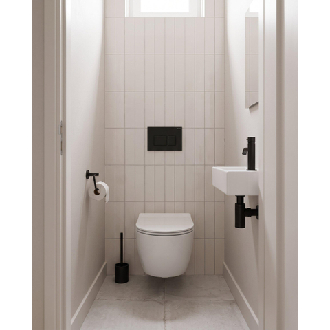 Pack WC QeramiQ Dely Swirl Compact - réservoir encastrable Geberit UP320 - avec bâti-support Burda - abattant 25 mm - plaque de commande en plastique noir mat - boutons rectangulaires - blanc brillant SW1592316