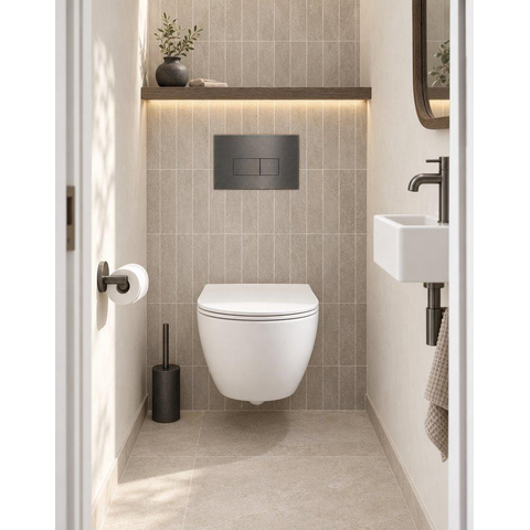 Pack WC QeramiQ Dely Swirl Compact - réservoir encastrable Geberit UP320 - avec bâti-support Burda - abattant slim - plaque de commande en métal gunmetal - boutons rectangulaires - blanc mat SW1595642