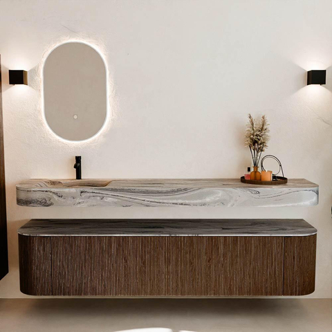 MONDIAZ THOR-DLUX 200cm meuble de salle de bains arrondi gauche + droite couleur Walnut avec 2 tiroirs et 2 portes. Vasque suspendue CLOUD Gauche 1 trou de robinet couleur Sombra. SW1467273