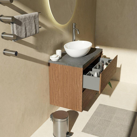Saniclass Holz Pure Ensemble meuble de salle de bains - 80x45x63cm - Plan de toilette en basalte Noche poli (noir) - 1 trou de robinetterie - 2 tiroirs - walnut pure mat (bois) SW1478550