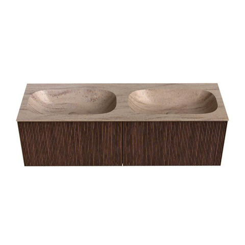 MONDIAZ KURVE-DLUX meuble de salle de bains 140 cm couleur Walnut avec 2 tiroirs et 0 porte. Plan-vasque STOR SMALL Double sans trou de robinet Saba. SW1433216