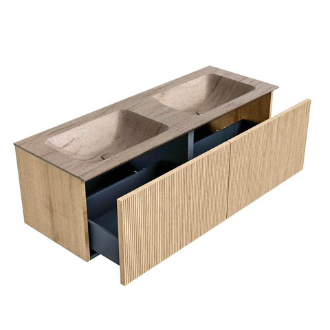 MONDIAZ KURVE-DLUX 130cm badmeubel kleur Oak met 2 lades en 0 deuren. Wastafel LEAF Dubbel 2 kraangaten Saba. SW1433117