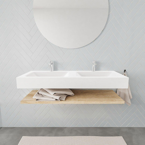 MONDIAZ ALAN 120cm - Ensemble de meuble de salle de bains - étagère - chêne blanchi - lavabo suspendu - 2 vasques - 2 trous de robinet - talc SW408780