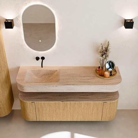 MONDIAZ THOR-DLUX 150cm meuble de salle de bains arrondi gauche + droite couleur Oak avec 1 tiroir et 2 portes. Vasque suspendue CLOUD gauche sans trou de robinet couleur Saba. SW1464862