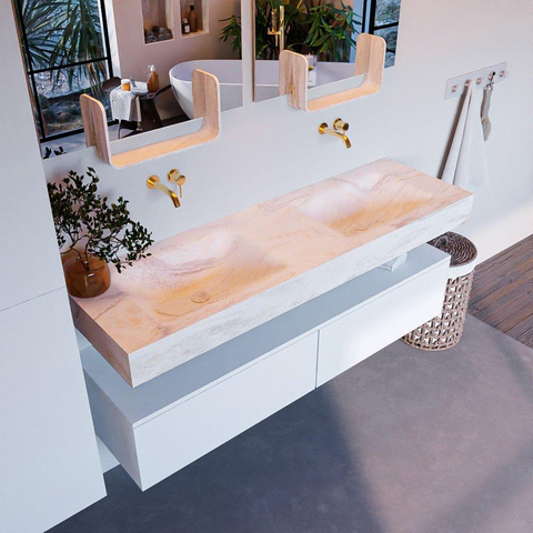 Mondiaz ALAN-DLUX Ensemble de meuble - 150cm - meuble Talc mat - 2 tiroirs - Lavabo Cloud Ostra suspendu - vasque Gauche et droite - 0 trous de robinet SW807129