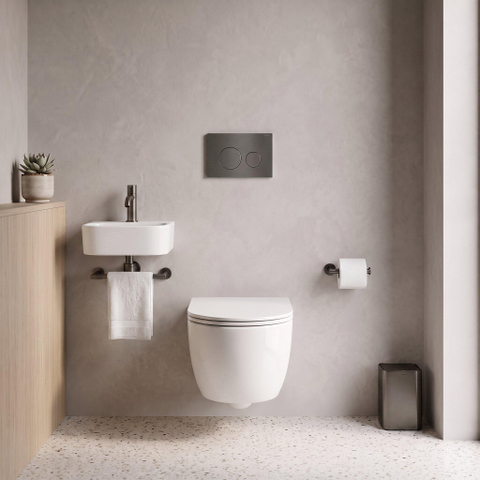 QeramiQ Dely Swirl Ensemble WC - 36.3x51.7cm - réservoir encastré Geberit UP720 Duofix Sigma - abattant fin - plaque de commande gunmetal - boutons ronds - blanc brillant SW1414003