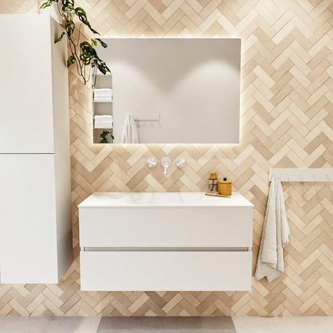 MONDIAZ VICA meuble sous lavabo 100cm Talc 2 tiroirs. Lavabo CLOUD milieu sans trou de robinet, couleur Talc. SW1381943
