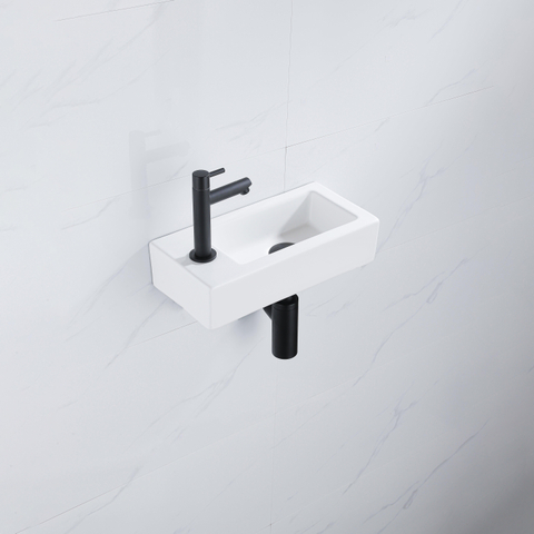 QeramiQ Fuente pack lave-mains – 37,5 x 18,5 x 9 cm – céramique blanc mat – perçage à gauche – robinet noir mat SW1232728
