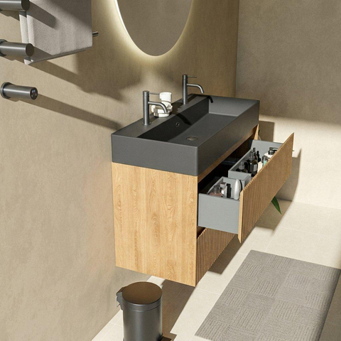 Saniclass Holz Atelier Badkamermeubelset - 100x45x72cm - Legend keramische wastafel mat zwart - 1 wasbak - 2 kraangaten - 2 lades - mat eiken natural (hout) SW1579639