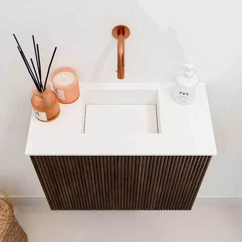 Mondiaz JOYA 50cm Meuble de salle de bains - couleur Walnut - Vasque FAYE position Milieu Sans trou de robinet couleur Talc SW1421259