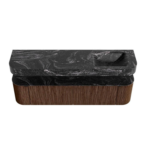 MONDIAZ THOR-DLUX 180cm badmeubel ronding links + rechts kleur Walnut met 2 lades en 2 deuren. Vrijhangende wastafel CLOUD Rechts 1 kraangat kleur Lava. SW1465943