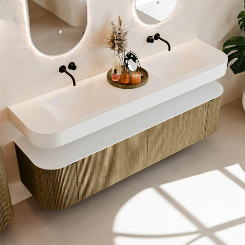 MONDIAZ THOR 180cm meuble de salle de bains arrondi gauche + droite couleur Dusk avec 2 tiroirs et 2 portes. Vasque suspendue CLOUD Double sans trou de robinet couleur Talc. SW1465990