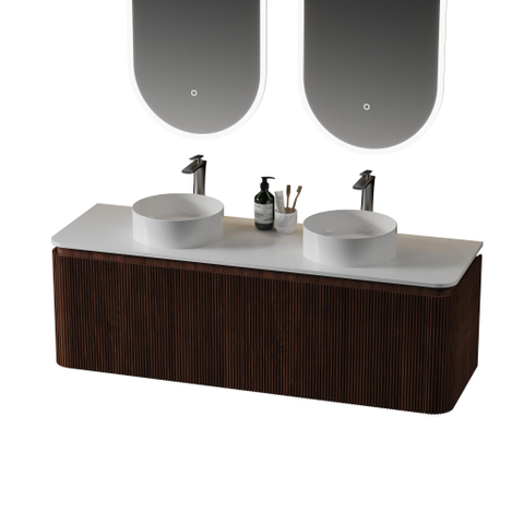 Royal Plaza Terra Edge Ensemble meuble de salle de bains - 140x44.7x46cm - plan de toilette solid surface blanc mat - 2 tiroirs - châtaigne (noyer) SW1471961