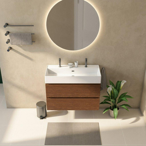 Saniclass Holz Pure Badkamermeubelset - 100x45x72cm - Legend keramische wastafel mat wit - 1 wasbak - 2 kraangaten - 2 lades - mat walnut pure (hout) SW1580163