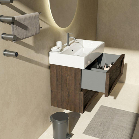 Saniclass Holz Frame Badkamermeubelset - 80x45x72cm - Legend keramische wastafel wit - 1 wasbak - 1 kraangat - 2 lades - mat eiken charcoal (hout) SW1579978
