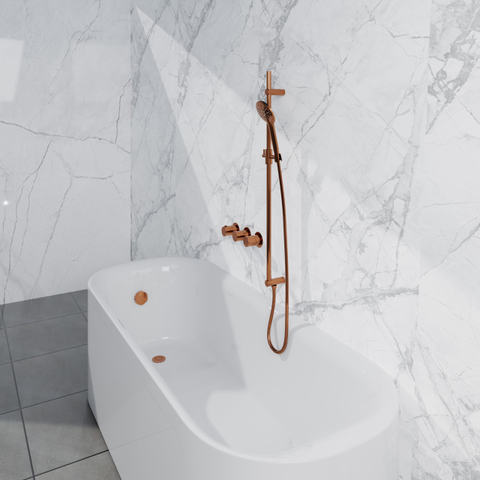 Fortifura Nebbio Ensemble combiné bain - mitigeur thermostatique - barre coulissante avec coude mural intégré - flexible de douche métallique - douchette ronde - Remplissage-vidage de baignoire - cuivre brossé PVD (cuivre) SW1238050