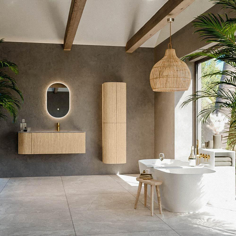 MONDIAZ KURVE-DLUX Meuble de salle de bains 125cm arrondi à gauche couleur Oak avec 1 tiroir et 1 porte. Lavabo BIG MEDIUM à droite 1 trou de robinet Sombra. SW1433576