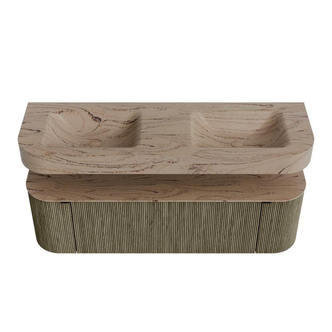 MONDIAZ THOR-DLUX 150cm meuble de salle de bains arrondi gauche + droite couleur Shadow avec 1 tiroir et 2 portes. Vasque suspendue CLOUD Double 2 trous de robinet couleur Arena. SW1464737