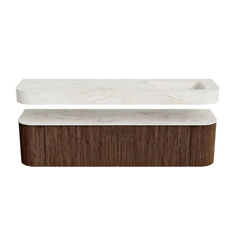 MONDIAZ THOR-DLUX 180cm meuble de salle de bains arrondi gauche + droite couleur Walnut avec 2 tiroirs et 2 portes. Vasque suspendue CLOUD Droite 1 trou de robinet couleur Ostra. SW1465976