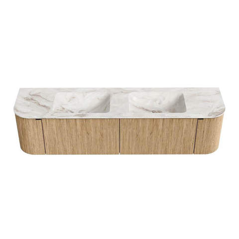 MONDIAZ KURVE-DLUX meuble de salle de bains 180cm avec module 25 Len R couleur chêne avec 2 tiroirs et 2 portes. Lavabo LEAF double sans trou de robinet couleur Frappe. SW1137394