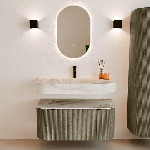 MONDIAZ THOR-DLUX 100cm meuble de salle de bains arrondi gauche + droite couleur Shadow avec 1 tiroir et 2 portes. Vasque suspendue CLOUD Milieu 1 trou de robinet couleur Frappe. SW1467437