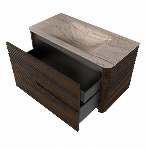 Mondiaz CIRO-DLUX Badkamermeubelset - 90x45x50cm - Solid surface wastafel Saba - 1 wasbak Midden - 1 kraangat - 2 lades - Walnut SW1530649
