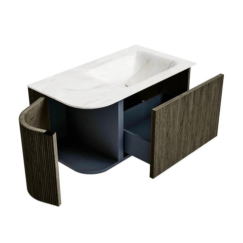 Mondiaz KURVE-DLUX Badkamermeubelset - 85x46x40cm - 1 lade - 1 deur - wastafel solid surface - rechts - 1 kraangat - Shadow SW1414434