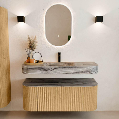 MONDIAZ THOR-DLUX 120cm meuble de salle de bains arrondi gauche + droite couleur Oak avec 1 tiroir et 2 portes. Vasque suspendue CLOUD Milieu 1 trou de robinet couleur Sombra. SW1463670