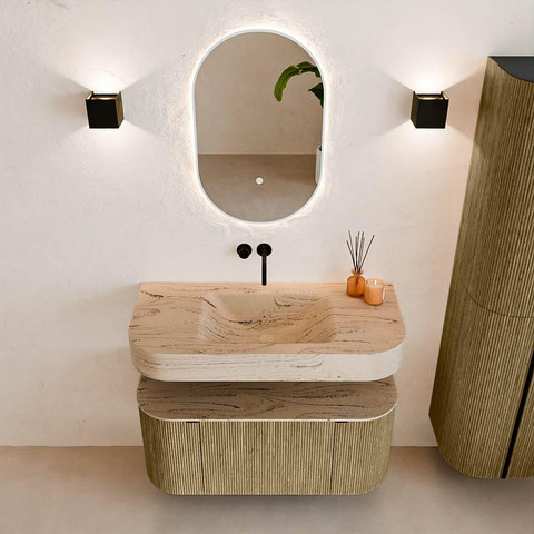 MONDIAZ THOR-DLUX 100cm meuble de salle de bains arrondi gauche + droite couleur Dusk avec 1 tiroir et 2 portes. Vasque suspendue CLOUD Milieu sans trou de robinet couleur Arena. SW1467452