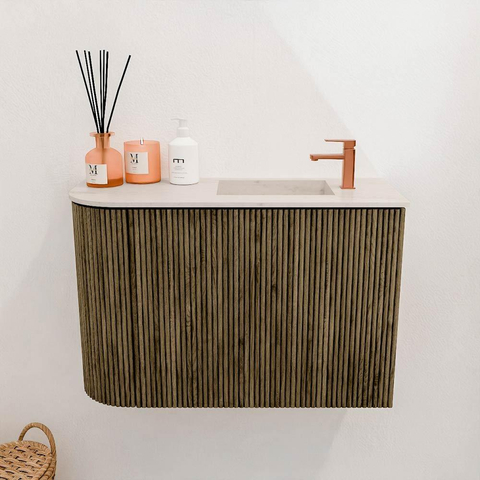 Mondiaz JOYA-DLUX Meuble de toilette 61,6cm - arrondi gauche couleur Dusk - Vasque FAYE position droite 1 trou de robinet couleur Meli. SW1425842