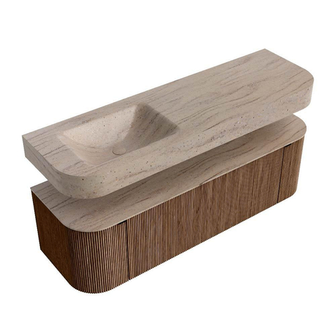MONDIAZ THOR-DLUX 150cm meuble de salle de bains arrondi gauche + droite couleur Walnut avec 1 tiroir et 2 portes. Vasque suspendue CLOUD Gauche sans trou de robinet couleur Saba. SW1464873