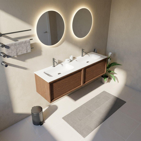 Saniclass Holz Frame Badkamermeubelset - 160x45x41.5cm - Flow solid surface wastafel wit - 2 wasbakken - 2 kraangaten - 2 lades - mat walnut pure (hout) SW1478462
