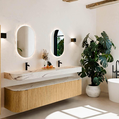 MONDIAZ THOR-DLUX 200cm meuble de salle de bains arrondi gauche + droite couleur Oak avec 2 tiroirs et 2 portes. Vasque suspendue CLOUD Double 2 trous de robinet couleur Nata. SW1467143