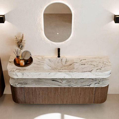 MONDIAZ THOR-DLUX 170cm badmeubel ronding links + rechts kleur Walnut met 1 lade en 2 deuren. Vrijhangende wastafel CLOUD Midden 1 kraangat kleur Glace. SW1465570