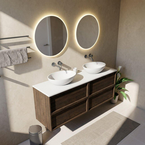 Saniclass Holz Frame Badkamermeubelset - 160x45x62.5cm - Torino solid surface topblad wit - zonder kraangat - 4 lades - mat eiken charcoal (hout) SW1580023