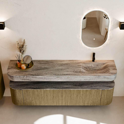 MONDIAZ THOR-DLUX 190cm meuble de salle de bains arrondi gauche + droite couleur Dusk avec 2 tiroirs et 2 portes. Vasque suspendue CLOUD Droite 1 trou de robinet couleur Oza. SW1466803