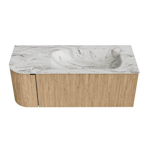 MONDIAZ KURVE-DLUX 115cm meuble de salle de bains avec module 25 L couleur Chêne avec 1 tiroir et 1 porte. Vasque BIG SMALL à droite 1 trou de robinetterie couleur Glace. SW1137965