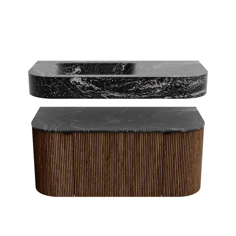 MONDIAZ THOR-DLUX Meuble de salle de bains - 100cm - arrondi gauche + droite - couleur Walnut - 1 tiroir et 2 portes - Vasque suspendue CLOUD gauche 1 trou de robinet couleur Lava SW1467376