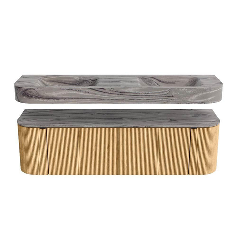 MONDIAZ THOR-DLUX 160cm meuble de salle de bains arrondi gauche + droite couleur Oak avec 1 tiroir et 2 portes. Vasque suspendue CLOUD Double sans trou de robinet couleur Sombra. SW1465364