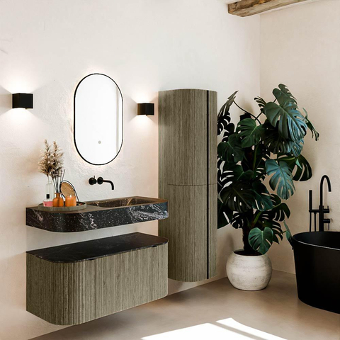 MONDIAZ THOR-DLUX 100cm meuble de salle de bains arrondi gauche + droite couleur Shadow avec 1 tiroir et 2 portes. Vasque suspendue CLOUD Droite sans trou de robinet couleur Lava. SW1467516
