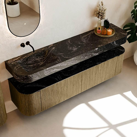 MONDIAZ THOR-DLUX 190cm meuble de salle de bains arrondi gauche + droite couleur Dusk avec 2 tiroirs et 2 portes. Vasque suspendue CLOUD gauche sans trou de robinet couleur Lava. SW1466464