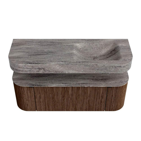 MONDIAZ THOR-DLUX 130cm meuble de salle de bains arrondi gauche + droite couleur Walnut avec 1 tiroir et 2 portes. Vasque suspendue CLOUD droite sans trou de robinet couleur Oza. SW1463992