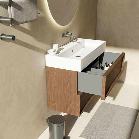Saniclass Holz Frame Badkamermeubelset - 100x45x72cm - Legend keramische wastafel mat wit - 1 wasbak - zonder kraangat - 2 lades - mat walnut pure (hout) SW1580114