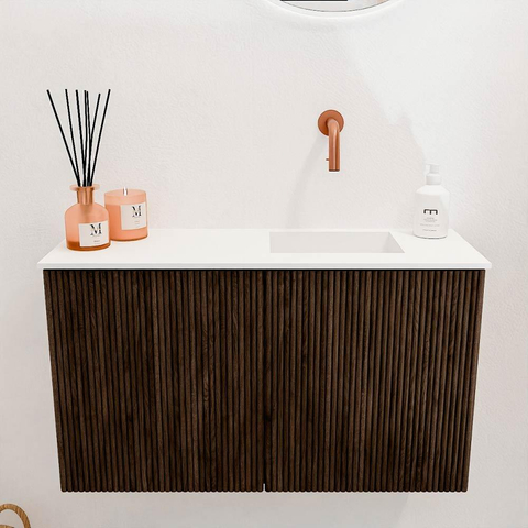 Mondiaz JOYA 70cm meuble de toilette - couleur Walnut - Vasque FAYE position Droite Sans trou de robinet couleur Talc SW1421284