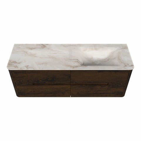 Mondiaz CIRO-DLUX Ensemble de meubles de salle de bains - 140x45x50cm - lavabo Solid surface Frappe - 1 bassin à droite - 1 trou de robinet - 4 tiroirs - Noyer SW1530307