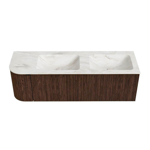 MONDIAZ KURVE-DLUX Meuble de salle de bains 145 cm avec module 25 L couleur Walnut avec 1 tiroir et 1 porte. Lavabo LEAF double / à droite 2 trous de robinet couleur Ostra. SW1137866