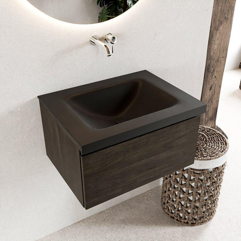 Mondiaz BUKLA Ensemble de meuble - 60x45x34cm - 0 trous de robinet - lavabo centré - solid surface - Urban - sans poignée - 1 tiroir - Mélamine - Marron foncé SW704916