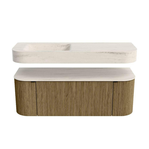 MONDIAZ THOR-DLUX 130cm meuble de salle de bains arrondi gauche + droite couleur Dusk avec 1 tiroir et 2 portes. Vasque suspendue CLOUD Gauche sans trou de robinet couleur Meli. SW1463806